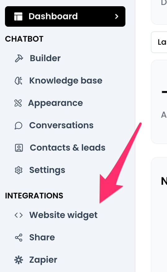 Website widget menu item