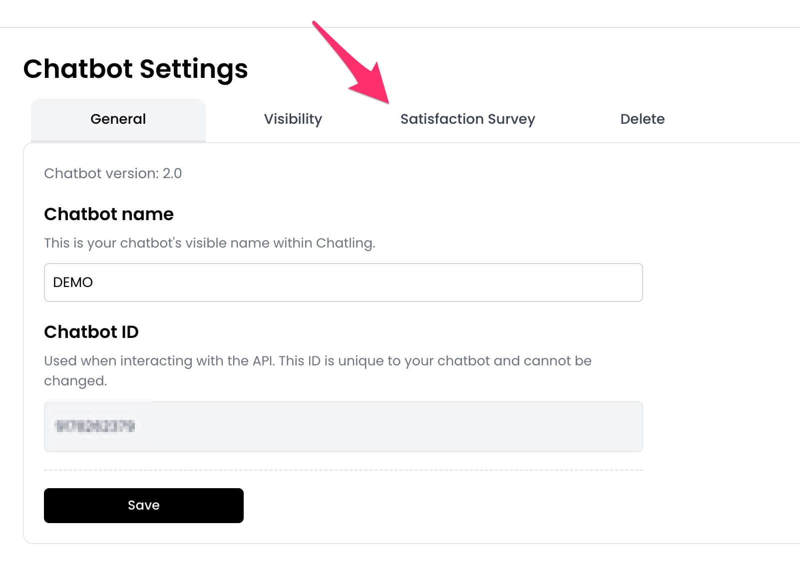 Click satisfaction survey tab in chatbot settings