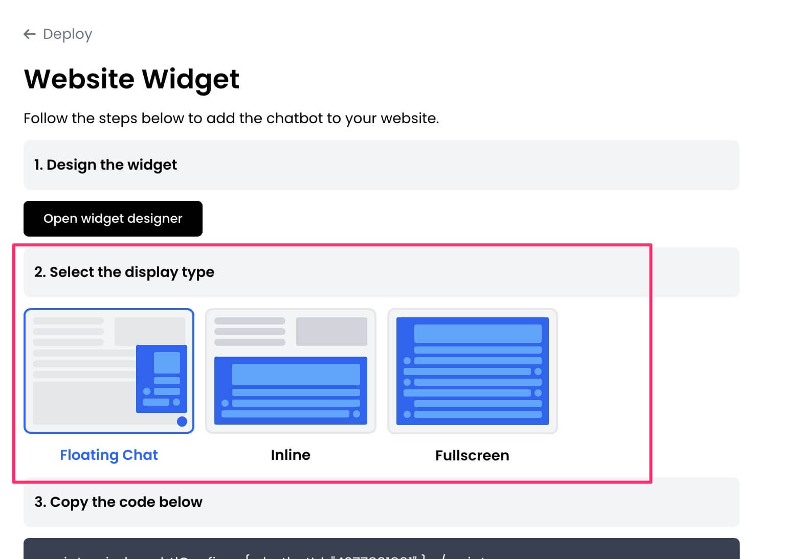 Configure website widget display type