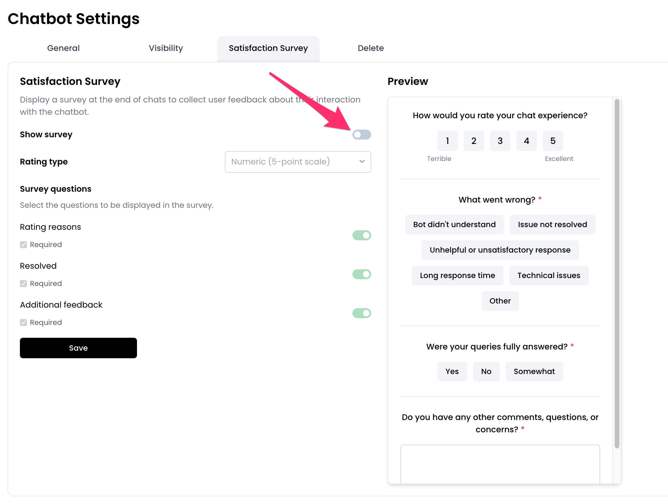 Enable chatbot satisfaction survey
