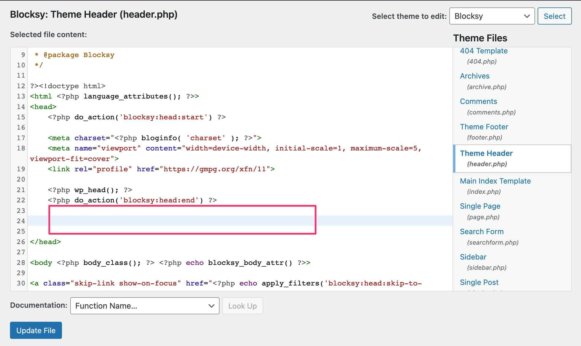 Embed code in header