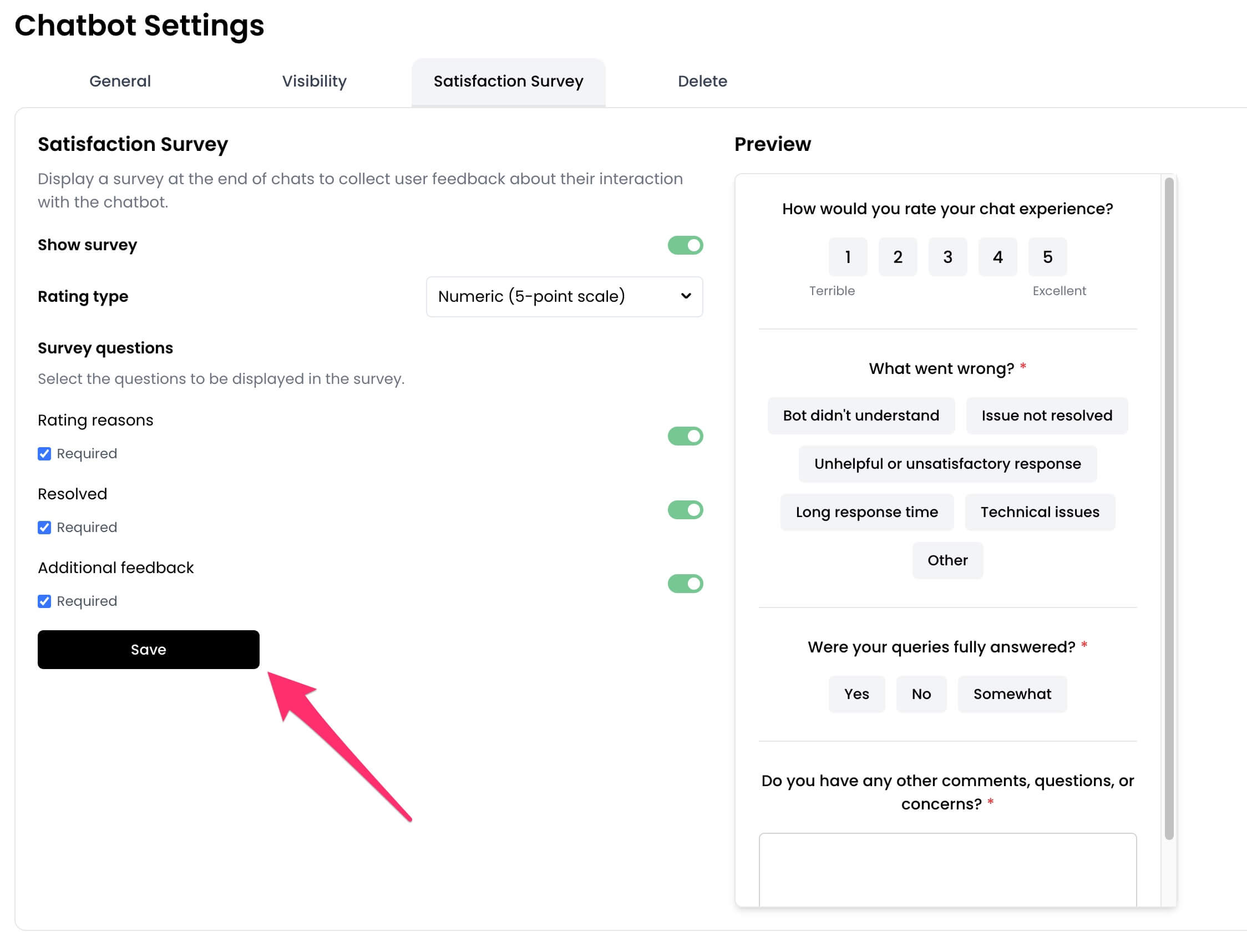 Save satisfaction survey settings
