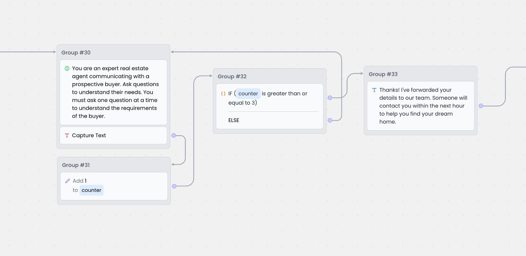 Real estate sample chatbot flow using Set Variable block